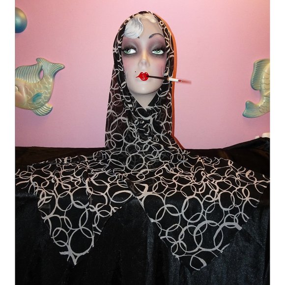 Vintage Black & White Circular Pattern Scarf pinup retro rockabilly head wrap bo - Picture 1 of 10